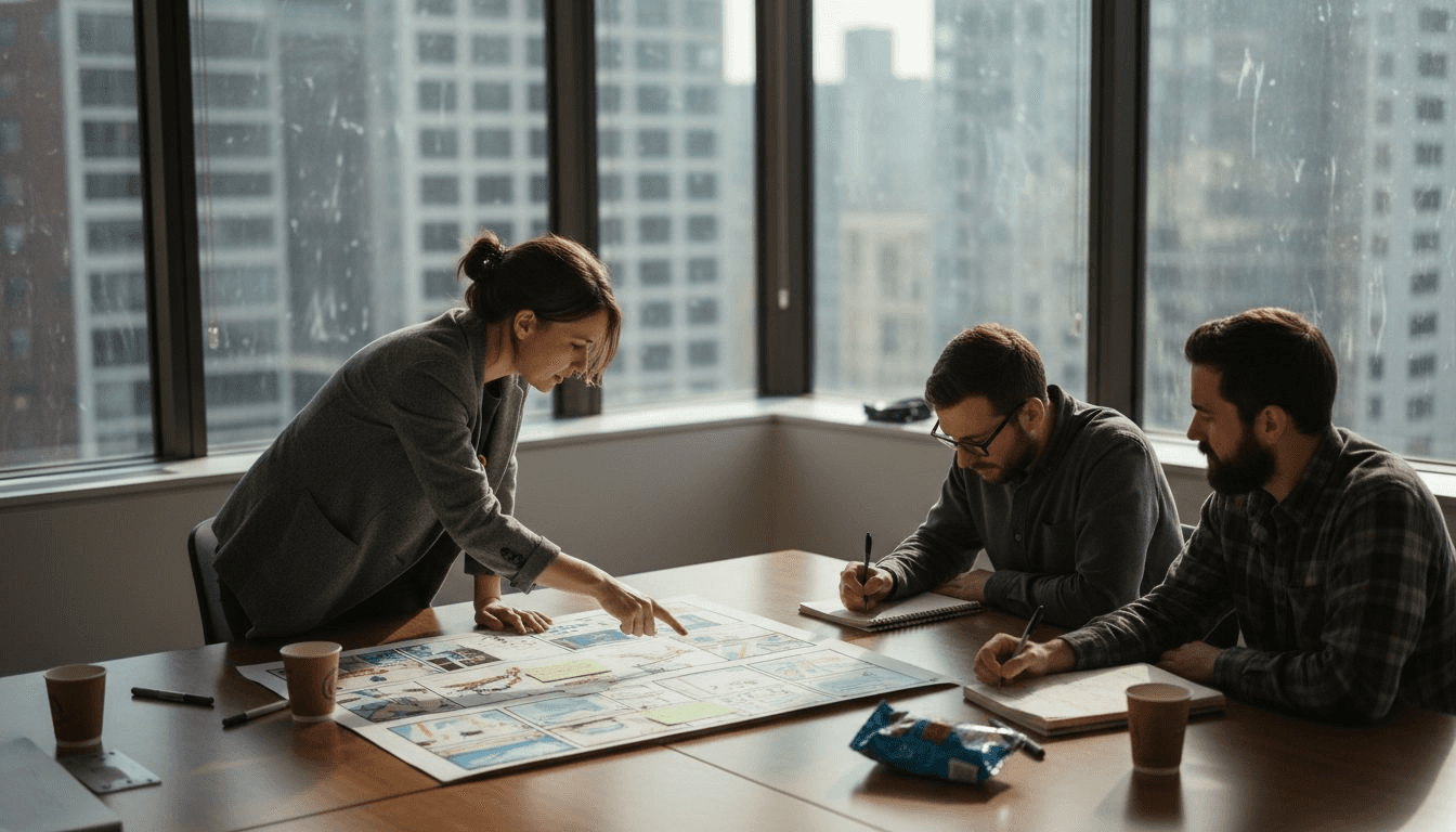 Video team planning storyboard at office table