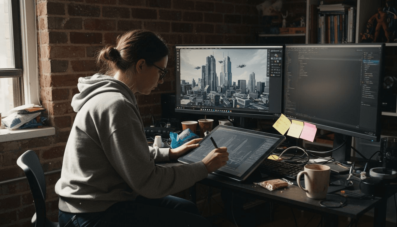 Animator editing 3D scene at workstation