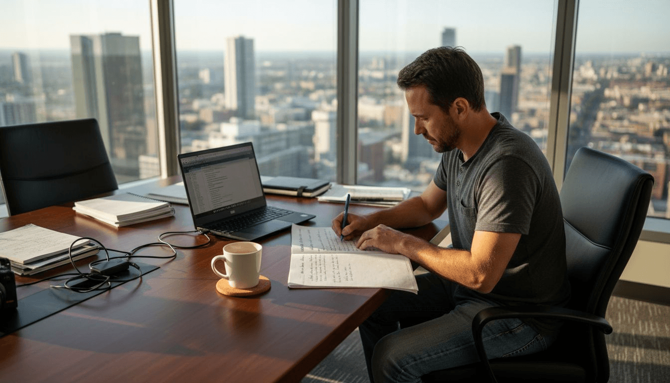 Man editing cinematic video script in sunlit office