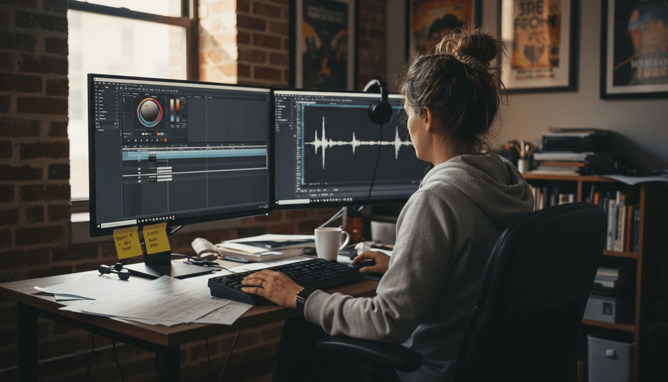 Woman adjusting video color grading timeline