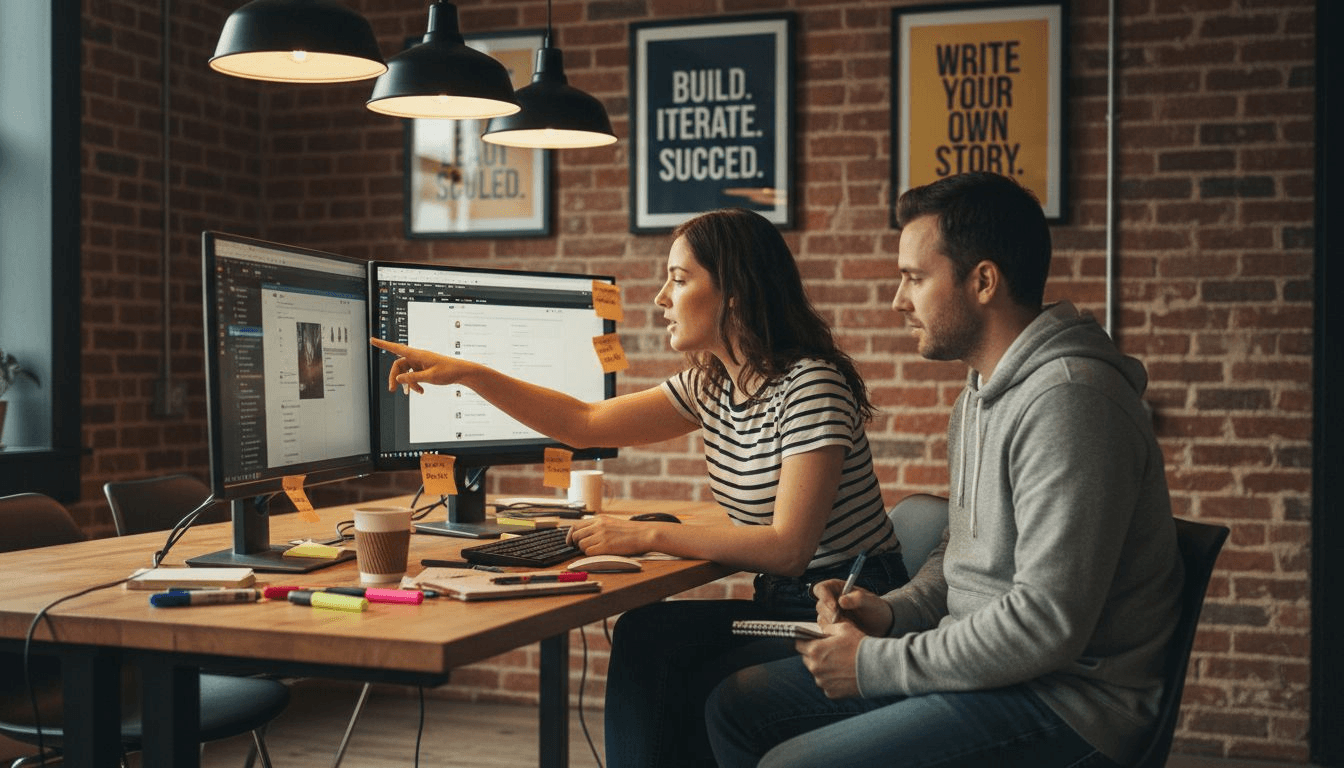 Colleagues comparing AI script tools at desk