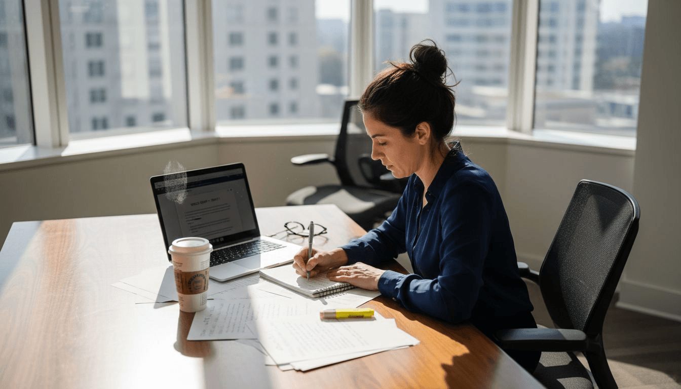 Marketing professional scripting promo video at desk