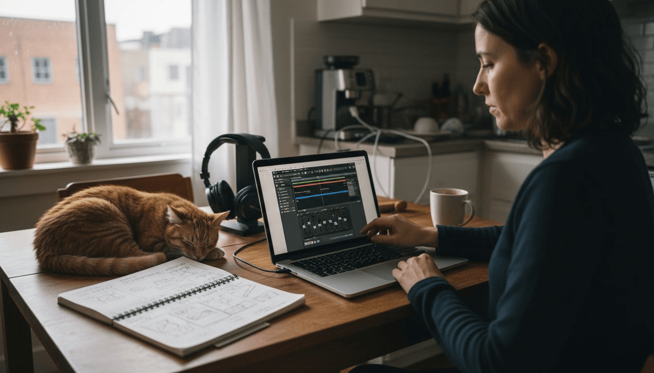 Creator edits video at dining table workspace