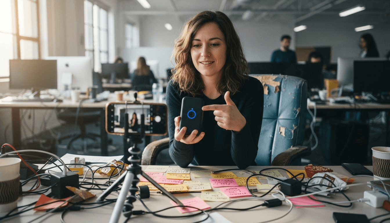 Startup employee filming product tutorial