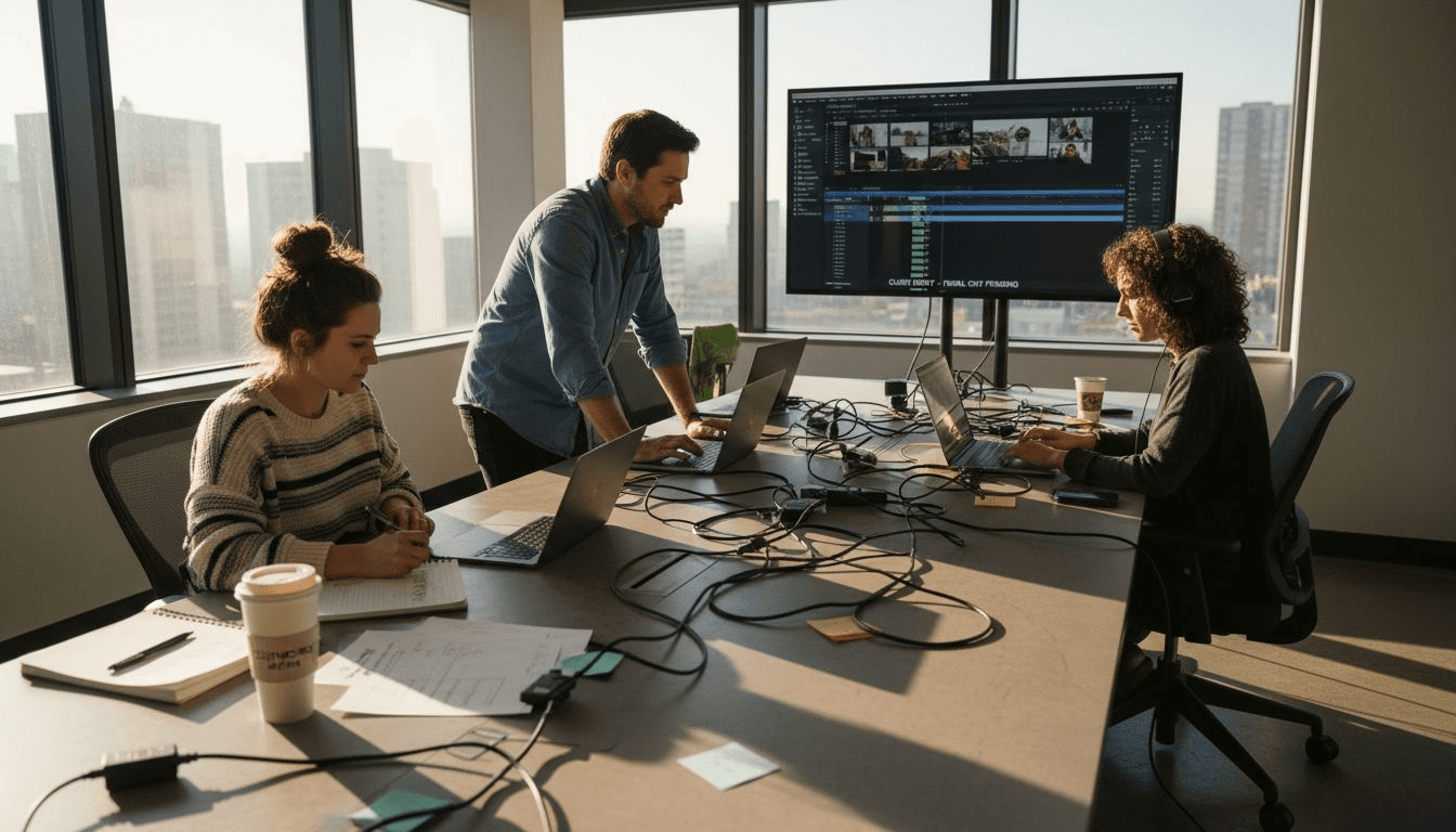 Video editors collaborating with AI tools in busy office
