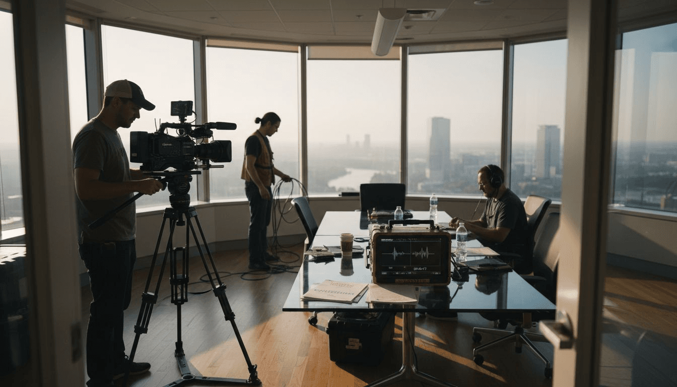Video team setting up office shoot
