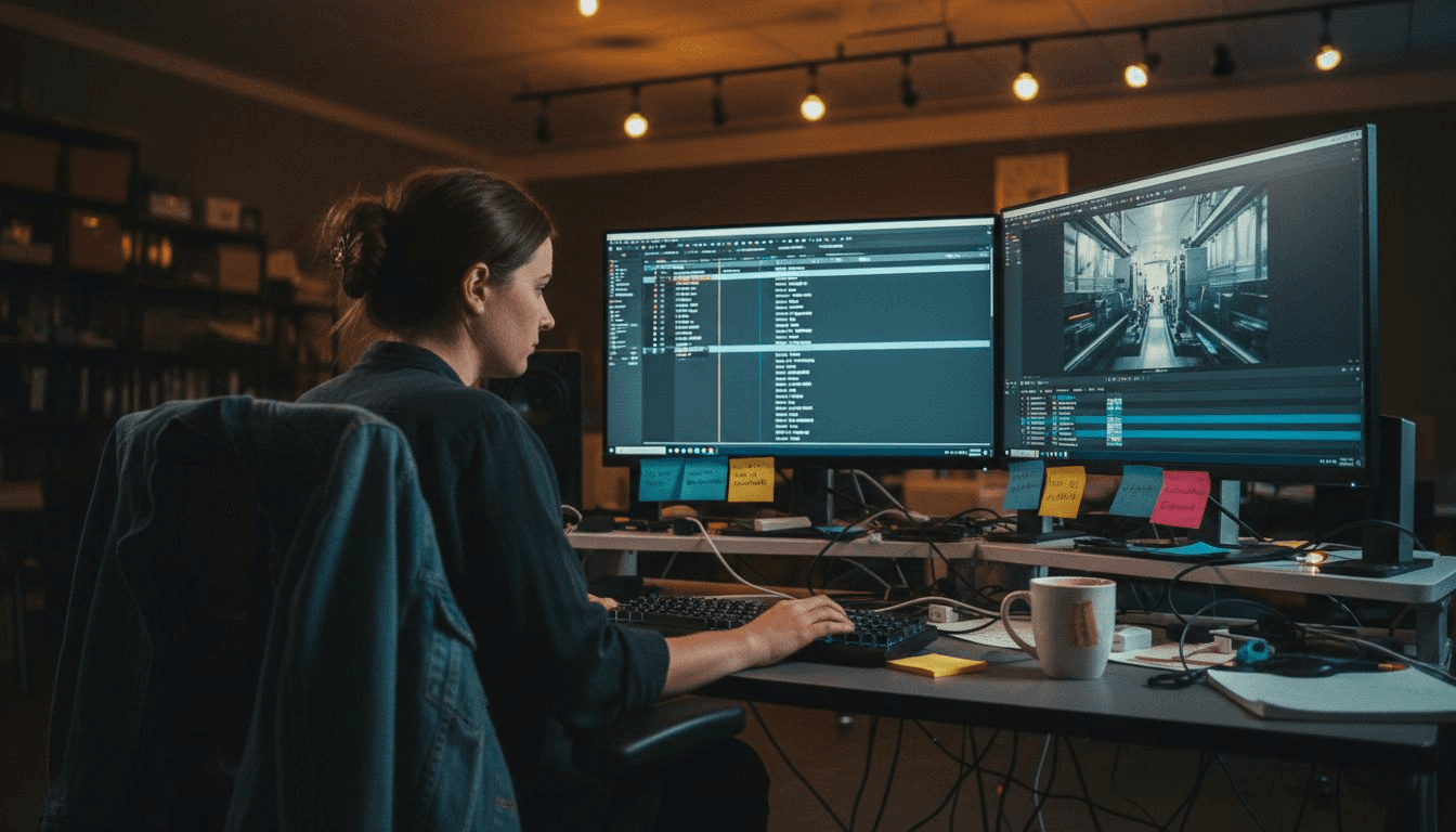 Video editor working in post-production suite