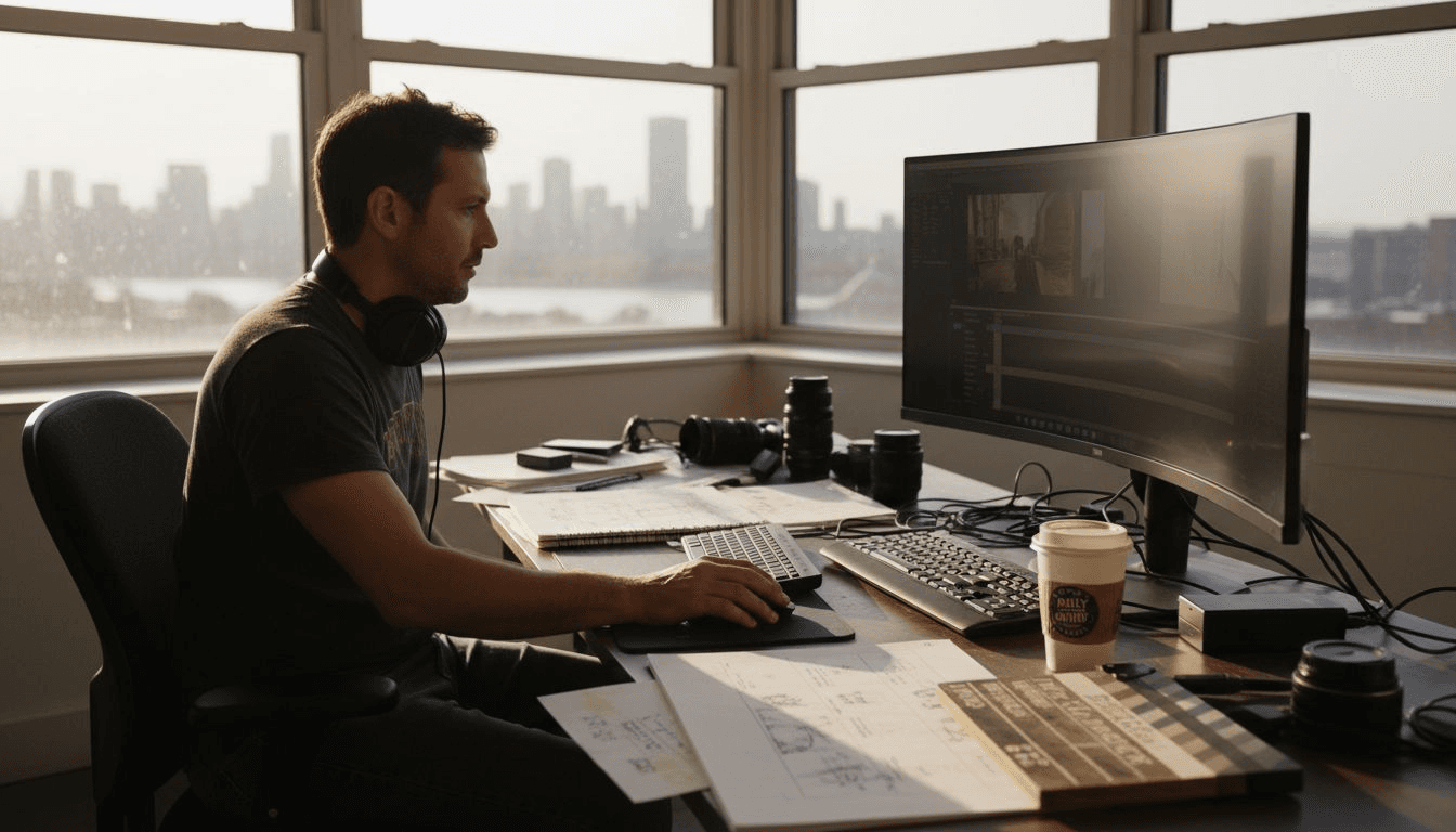 Video producer editing at cluttered desk in corner office
