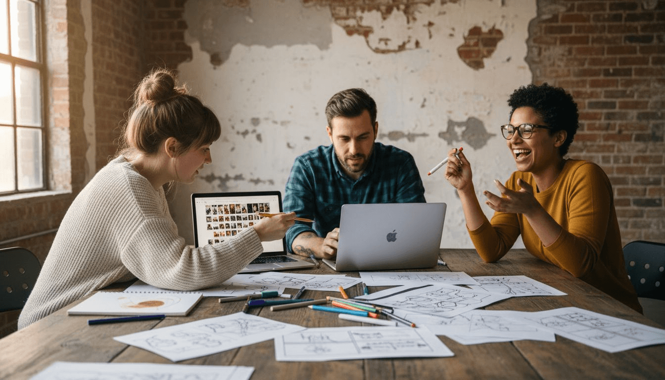 Creative team discussing video storyboard ideas