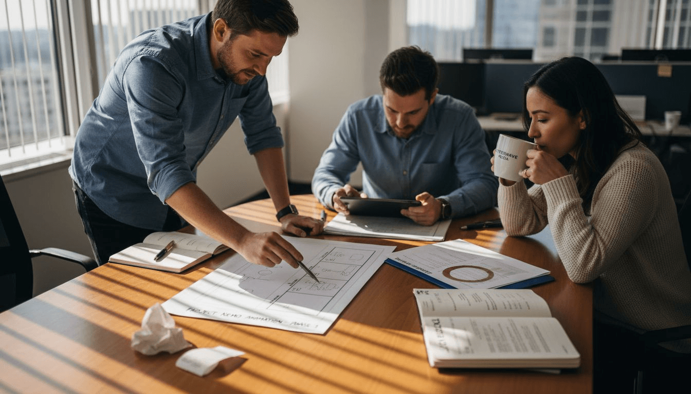 Team reviews animation workflow documents