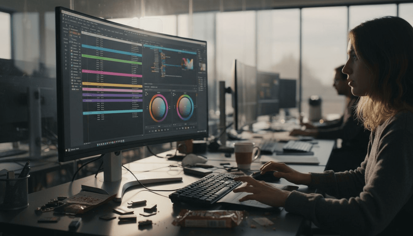 Editor’s hands color grading video sequence