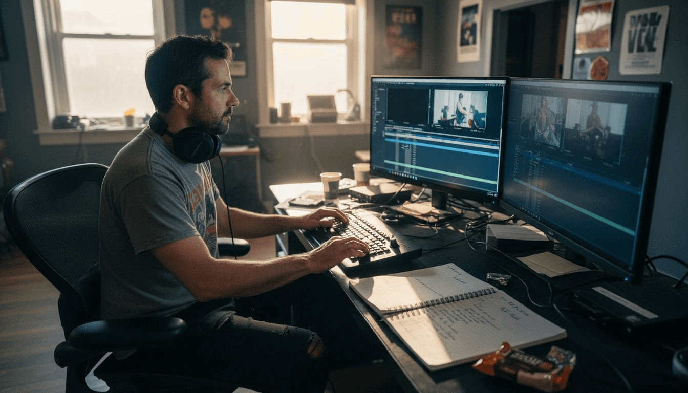 Film editor working in modern studio