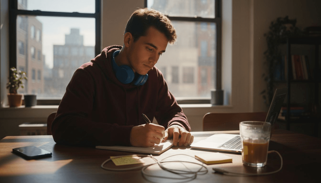 YouTuber writing video script in apartment