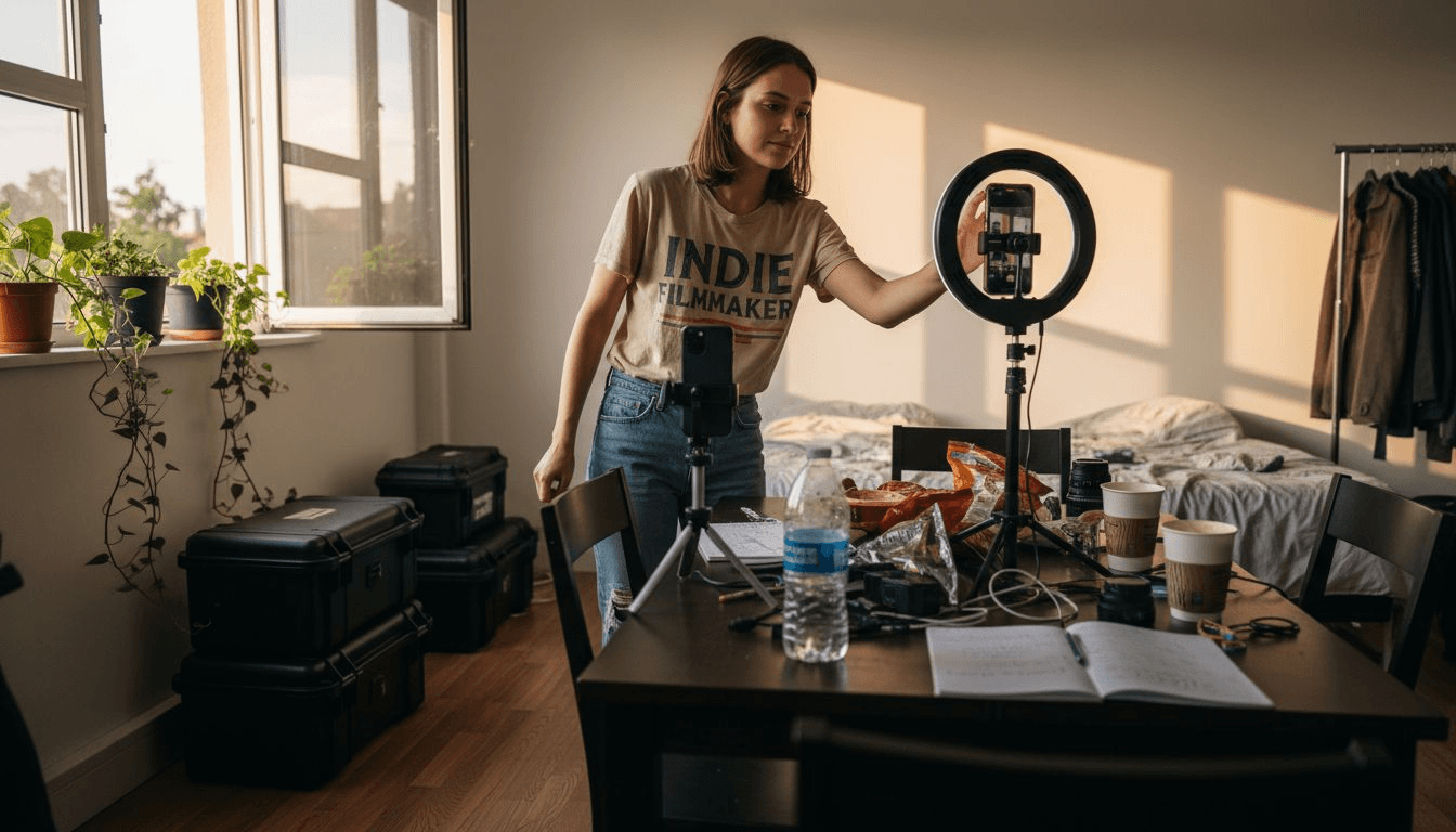 Woman preparing lighting for social video shoot