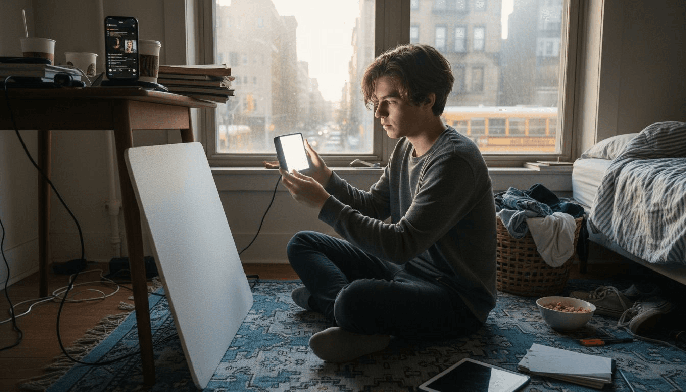 Teen using window and LED panel for video