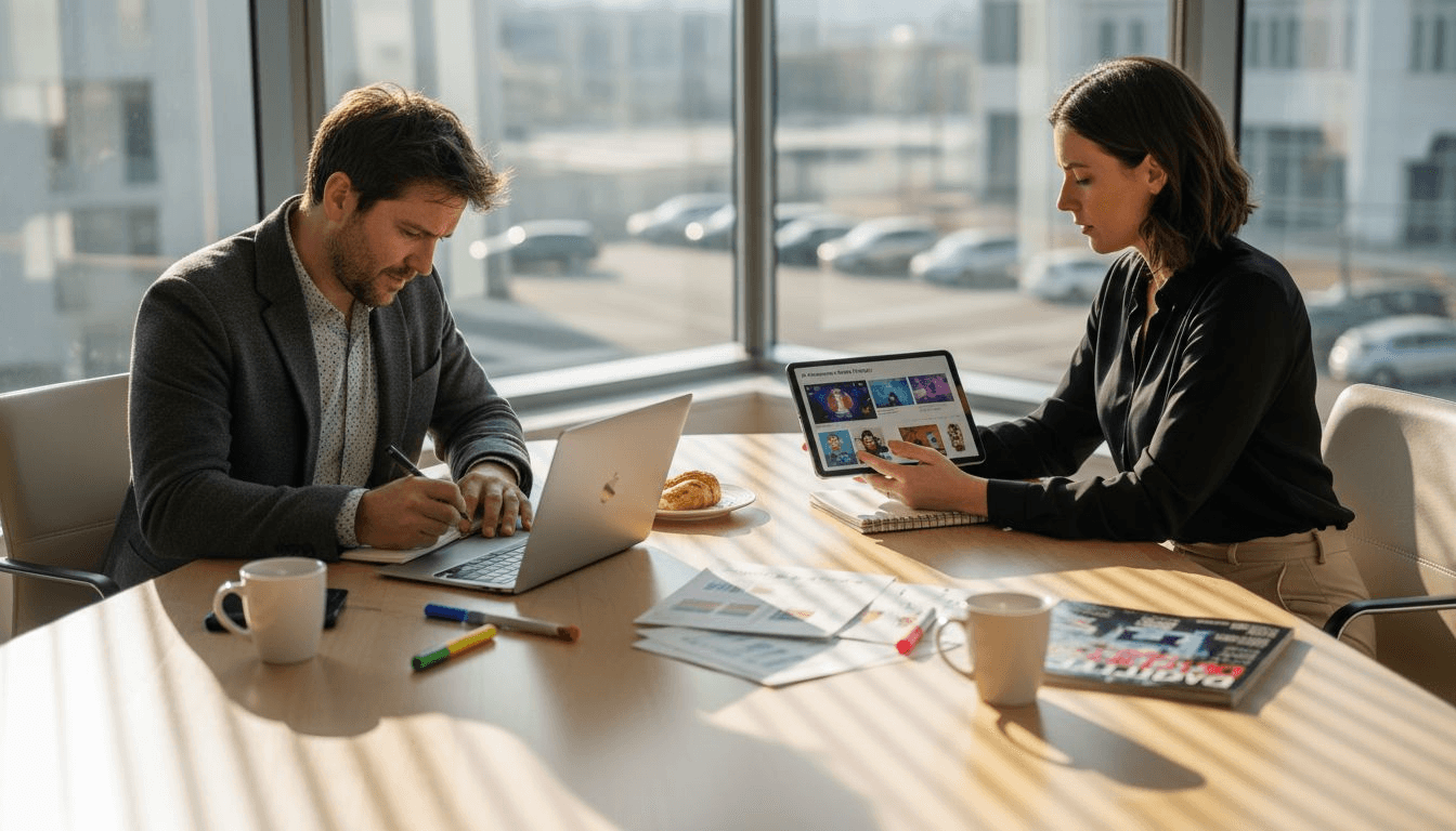 Team discussing AI video ideas in office
