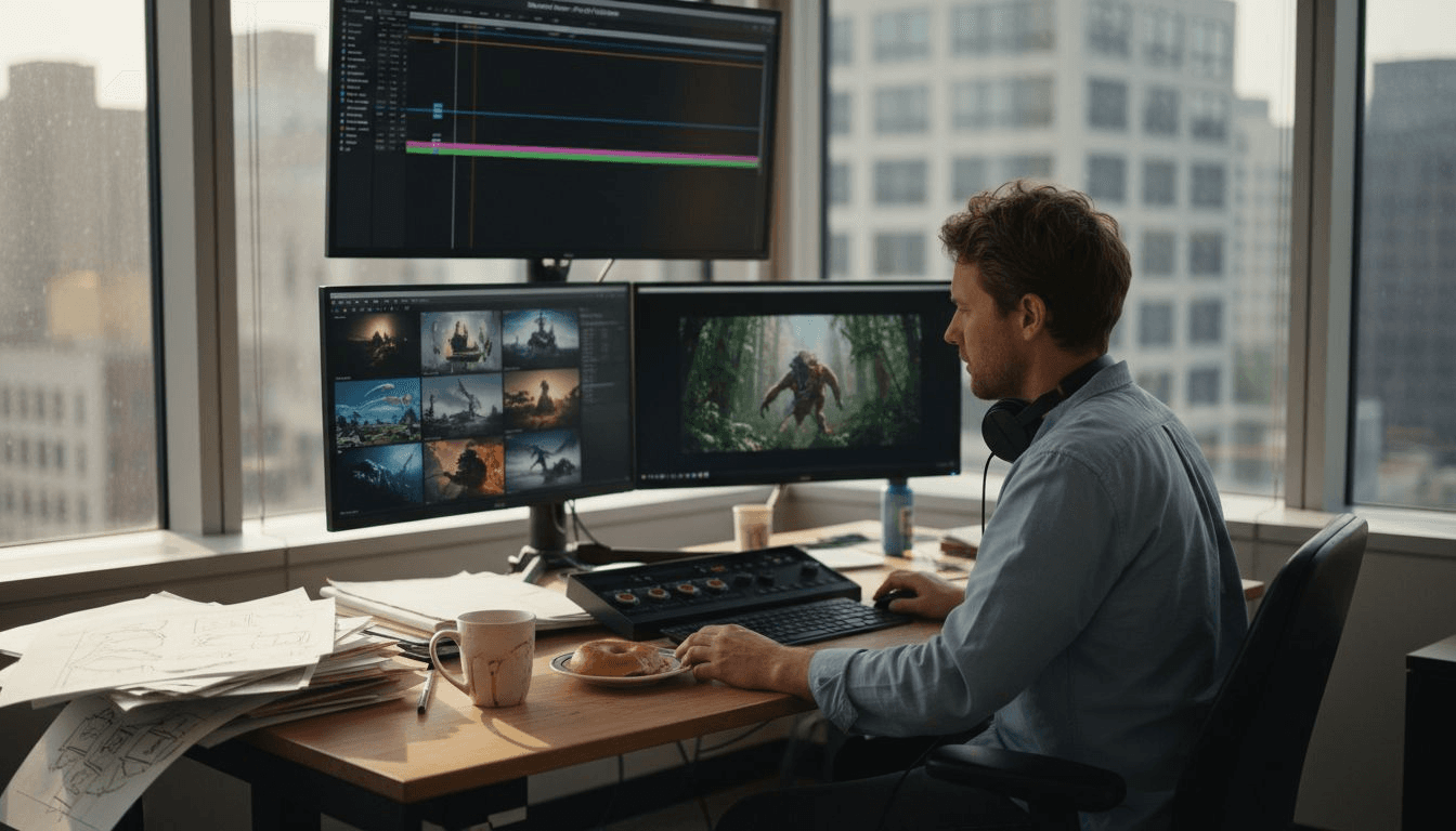Filmmaker reviewing AI video in office